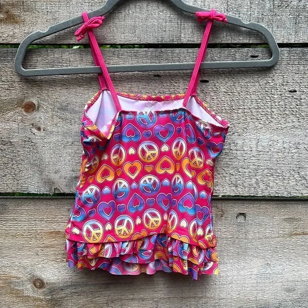 Kid's Multicolor Peace Heart Allover Print Sleeveless Swimwear Size 10/12